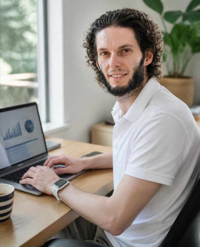 Simon Mathis arbeitet am Laptop an einem Online-Shop